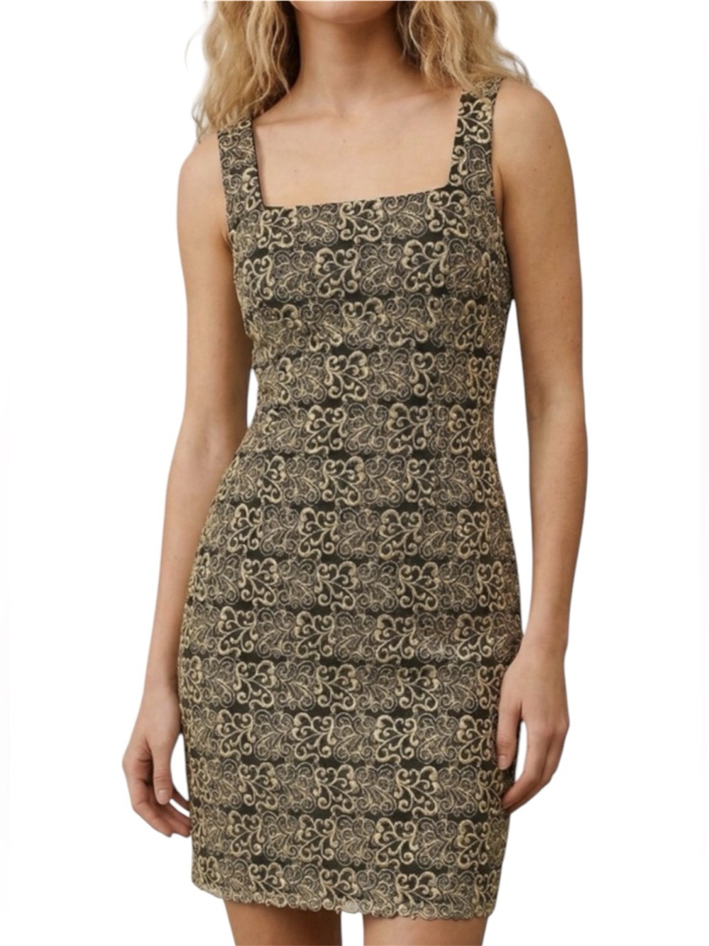 Black lace cocktail mini dress | Metallic Gold scroll pattern Embroidery M/L